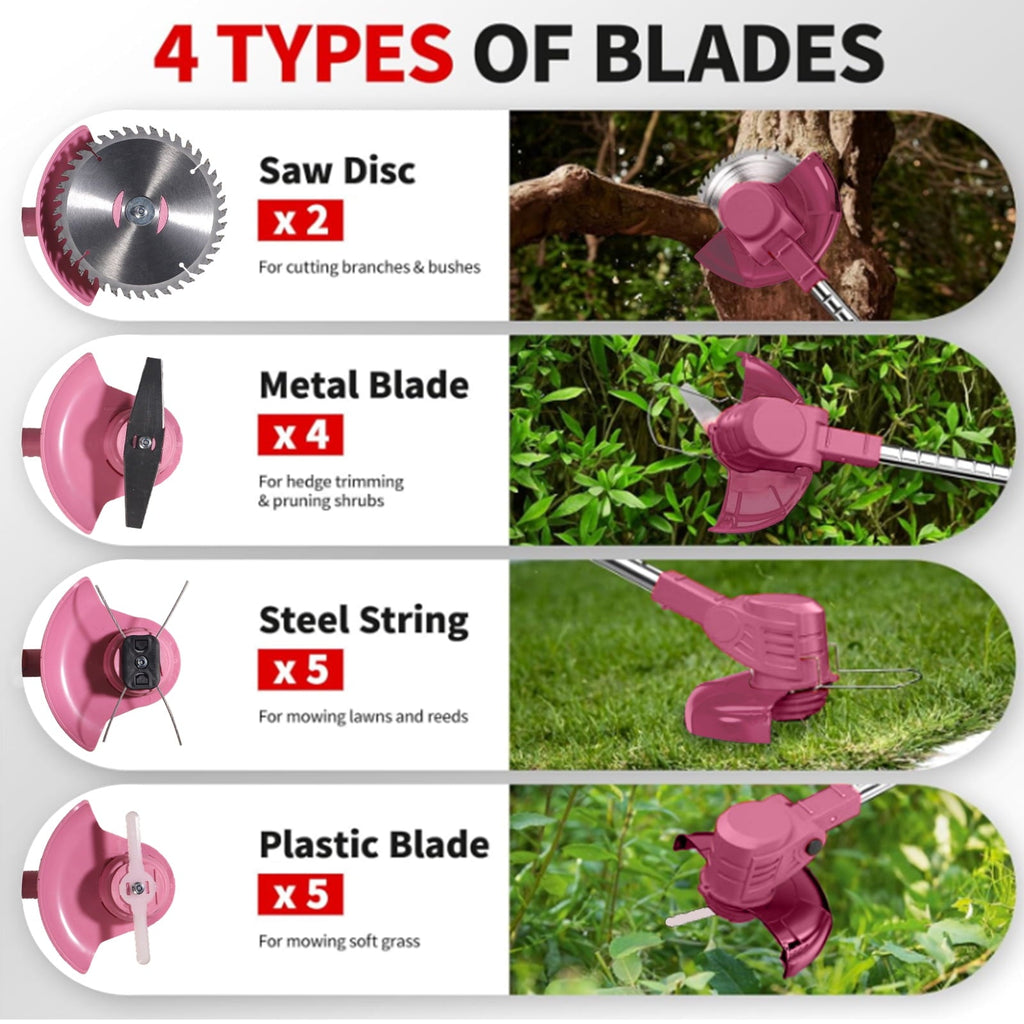 Pink cordless trimmer: four cutting attachment types.