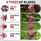 Pink cordless trimmer: four cutting attachment types.