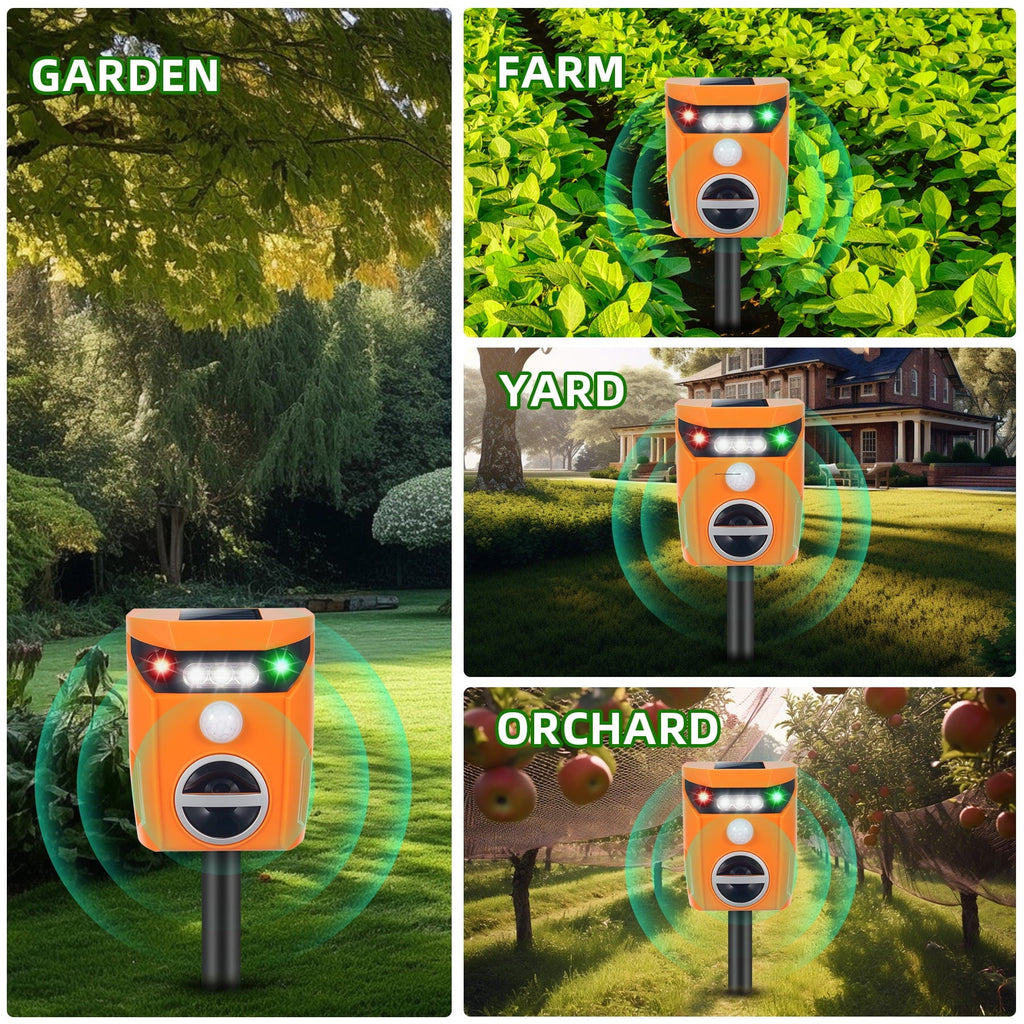 Solar ultrasonic animal repeller: garden farm yard and orchard placements.