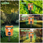 Solar ultrasonic animal repeller: garden farm yard and orchard placements.