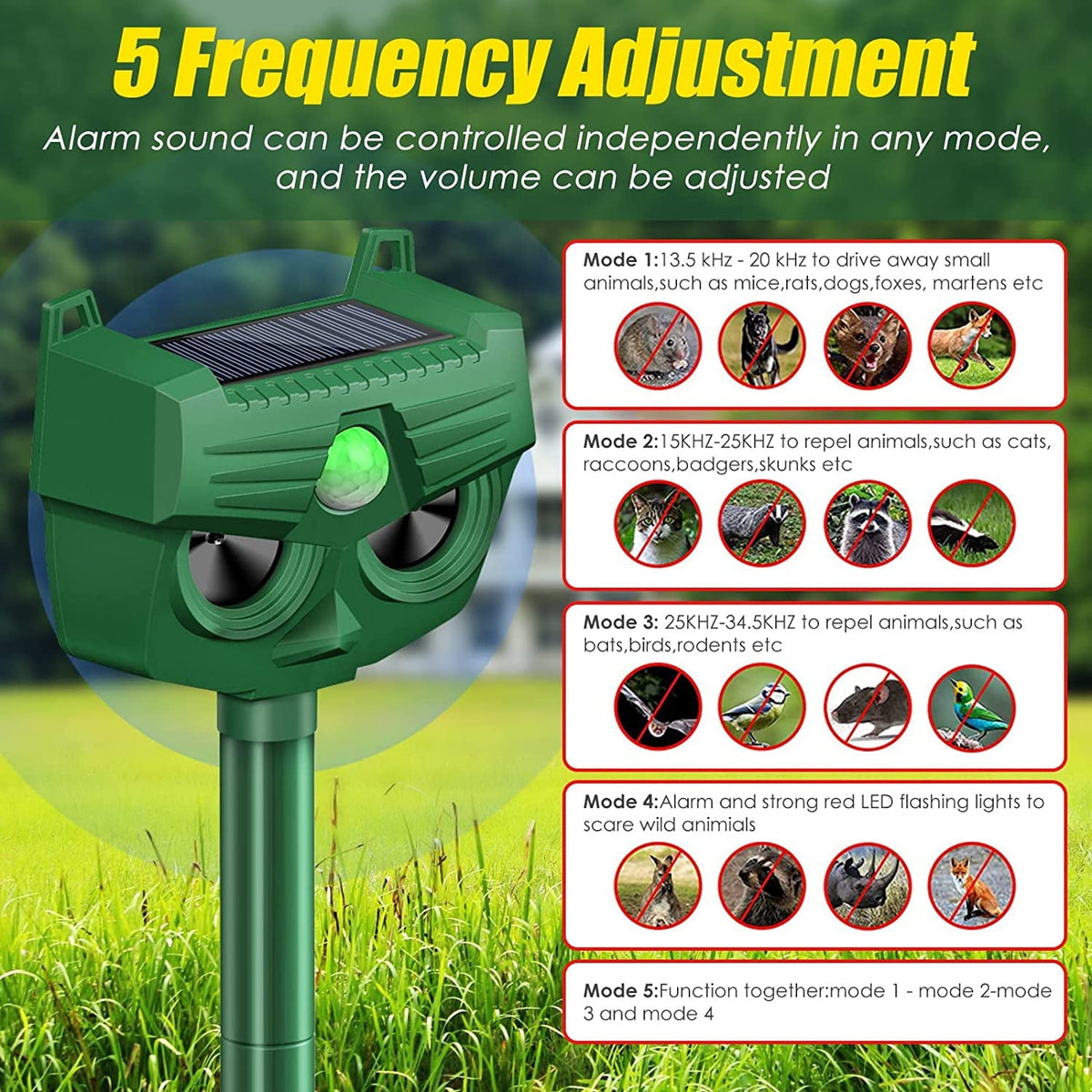 Solar animal repeller for garden: five operating modes.