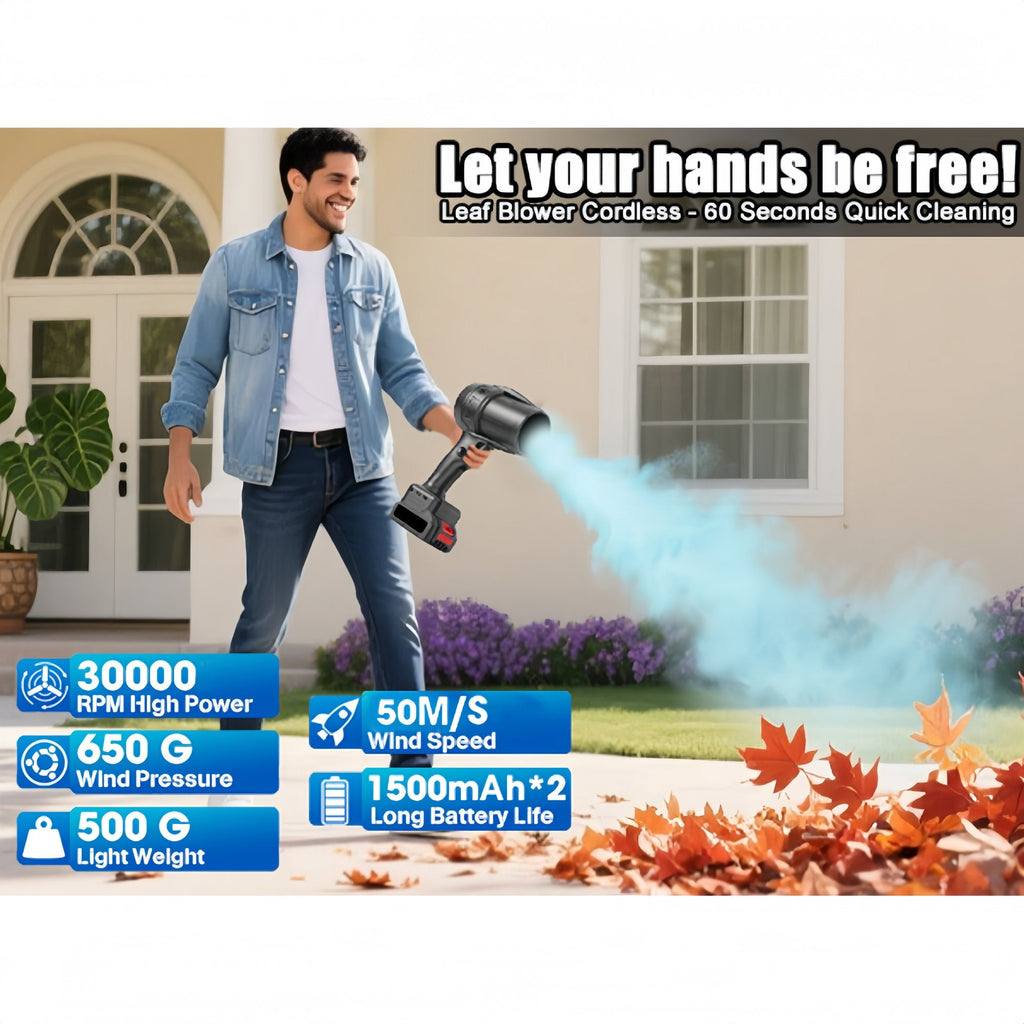 Black cordless leaf blower: blower used on leaves.