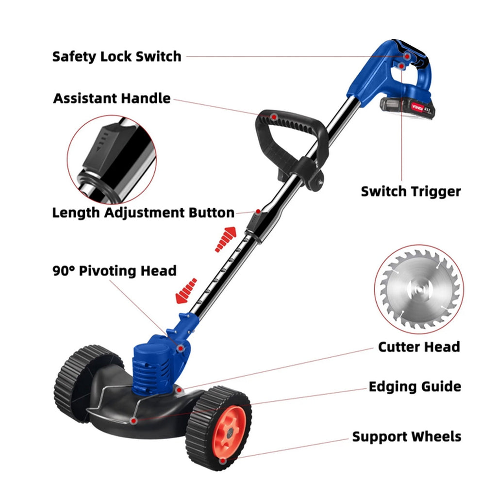 Blue cordless grass trimmer: labeled handle head guard and wheels.