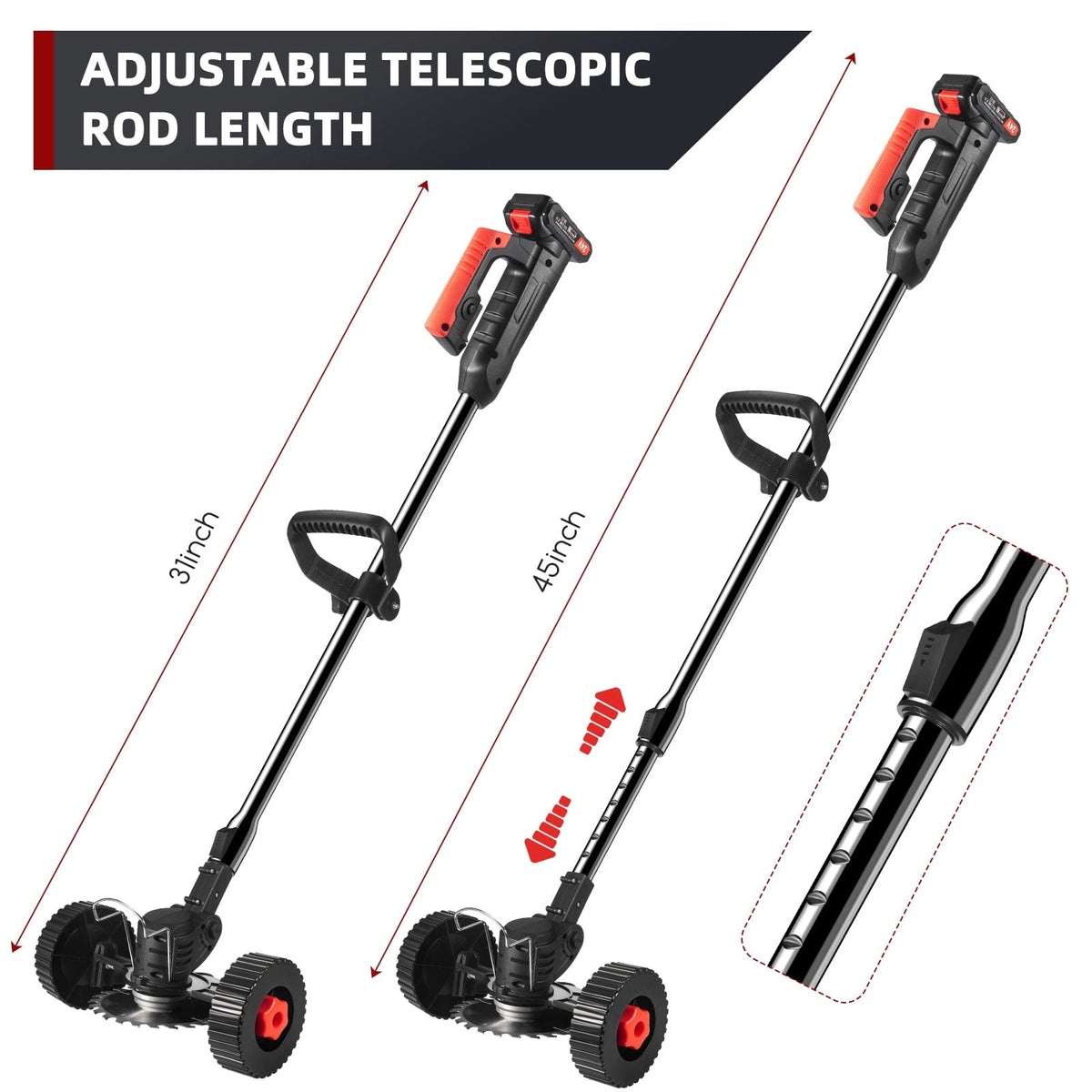 Cordless brush cutter kit: telescopic shaft adjustment.
