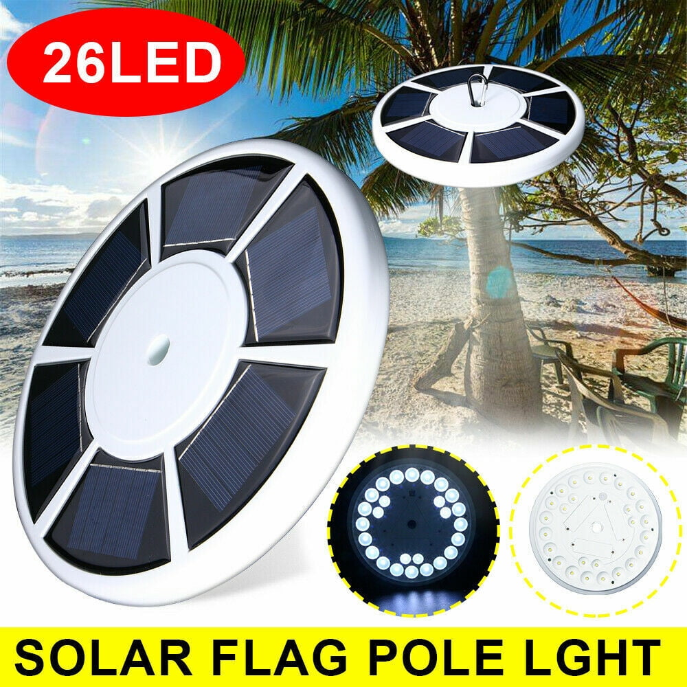 Solar flagpole light: top solar panels and underside LEDs.