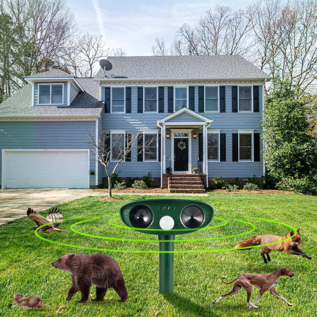 Solar motion activated animal repeller: repeller outside house.