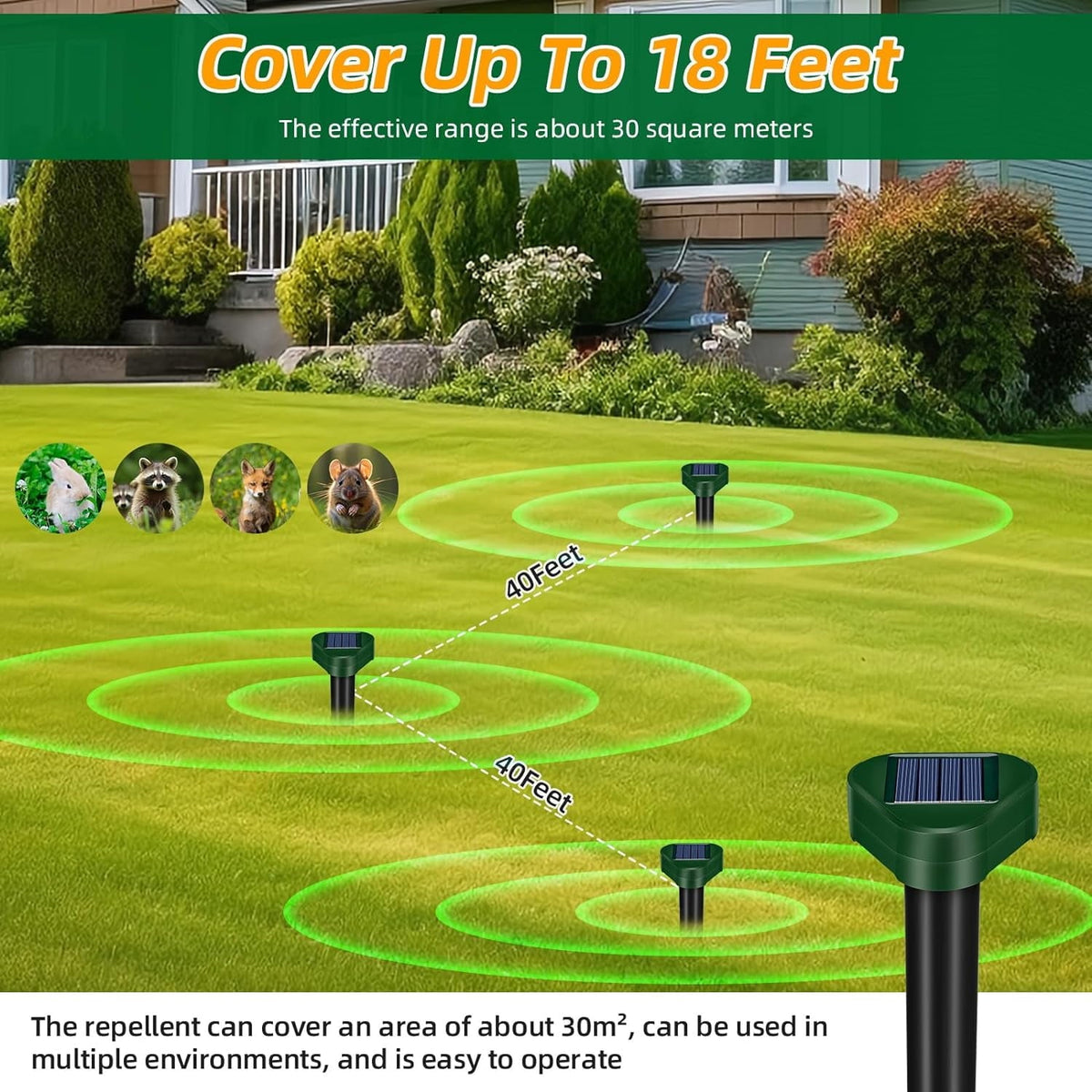 Solar mole deterrent stakes: garden placement diagram.