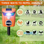 Solar animal repeller with flashing light: sound ultrasonic and light functions.