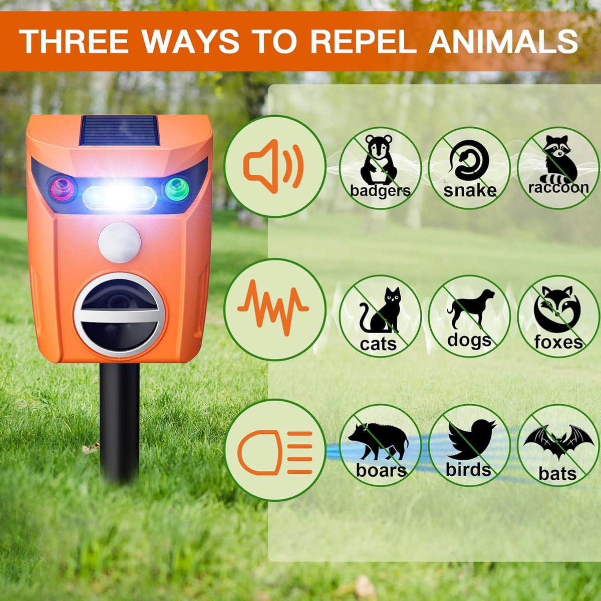 Solar animal repeller with flashing light: sound ultrasonic and light functions.