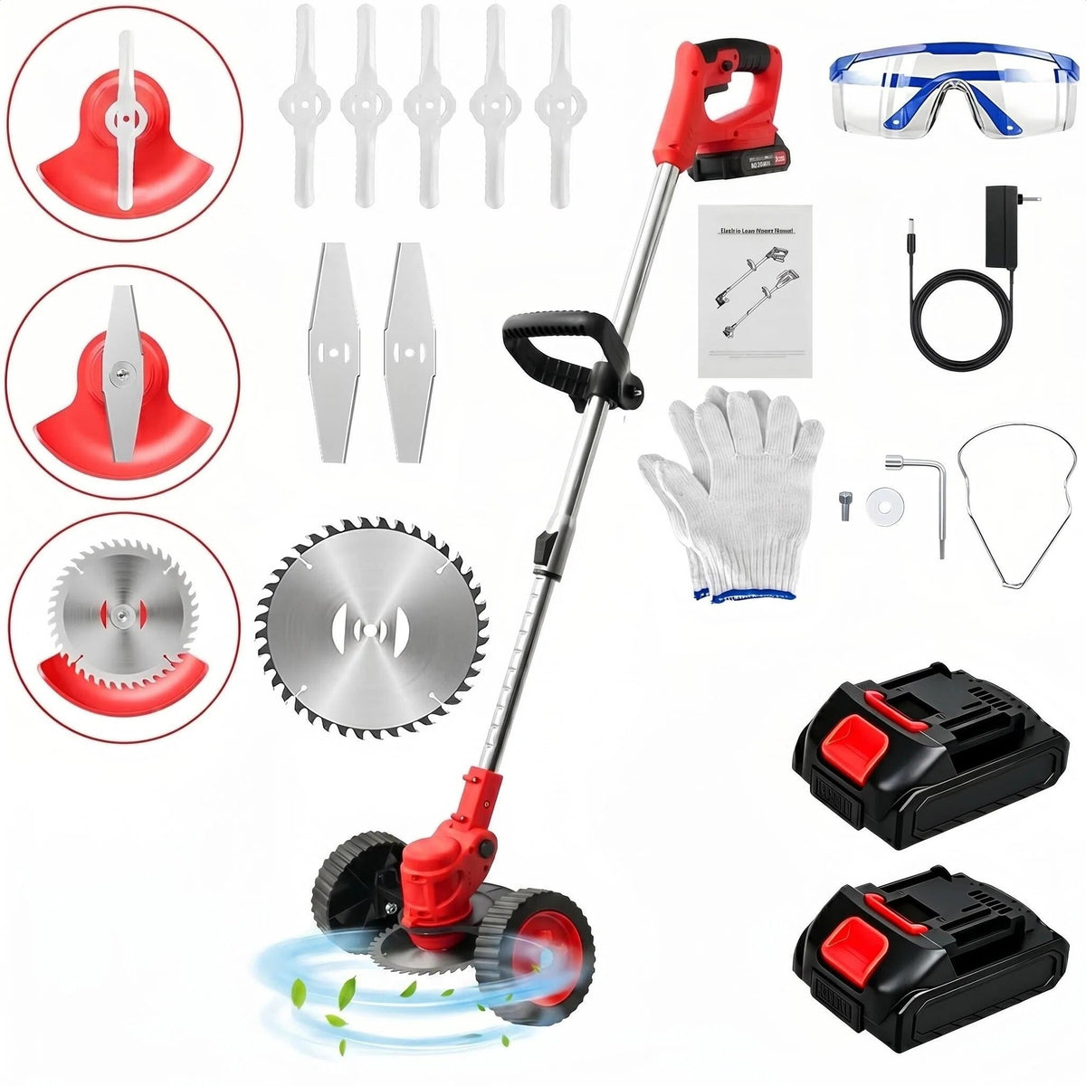 Adjustable cordless grass trimmer: red wheeled trimmer batteries and blades.
