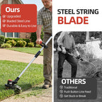 Brushless cordless string trimmer: cutting-head comparison illustration.