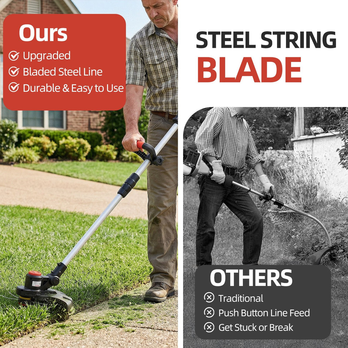 Brushless cordless string trimmer: cutting-head comparison illustration.