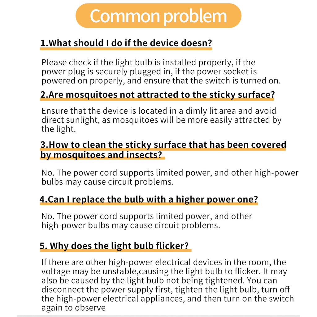 Indoor electric flea trap: trap troubleshooting instructions.
