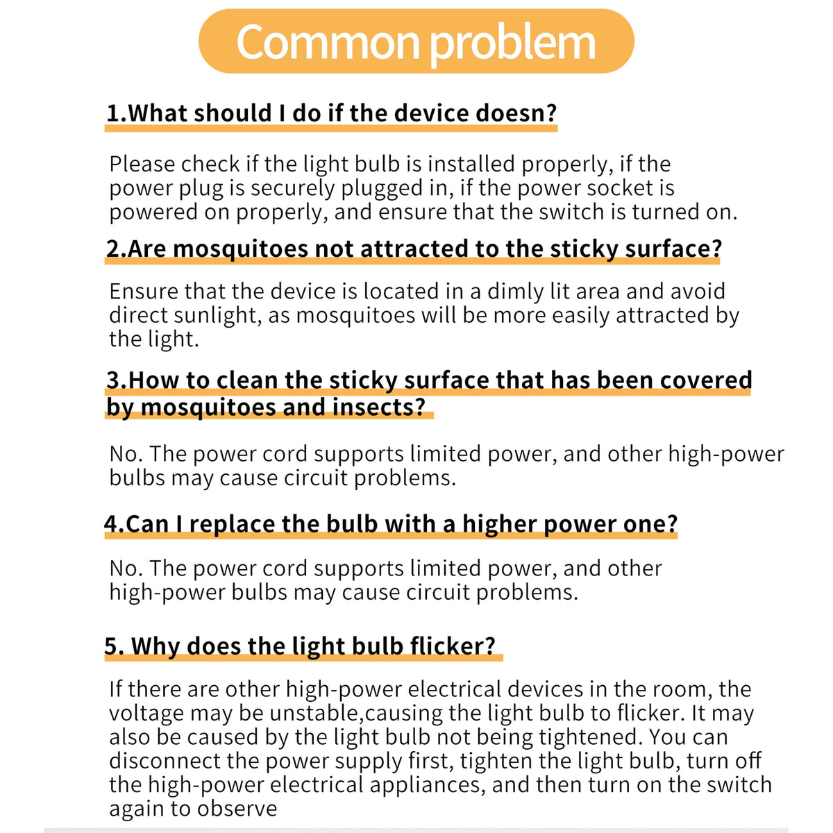 Indoor electric flea trap: trap troubleshooting instructions.