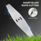 Metal string trimmer blades: metal blade edge close-up.