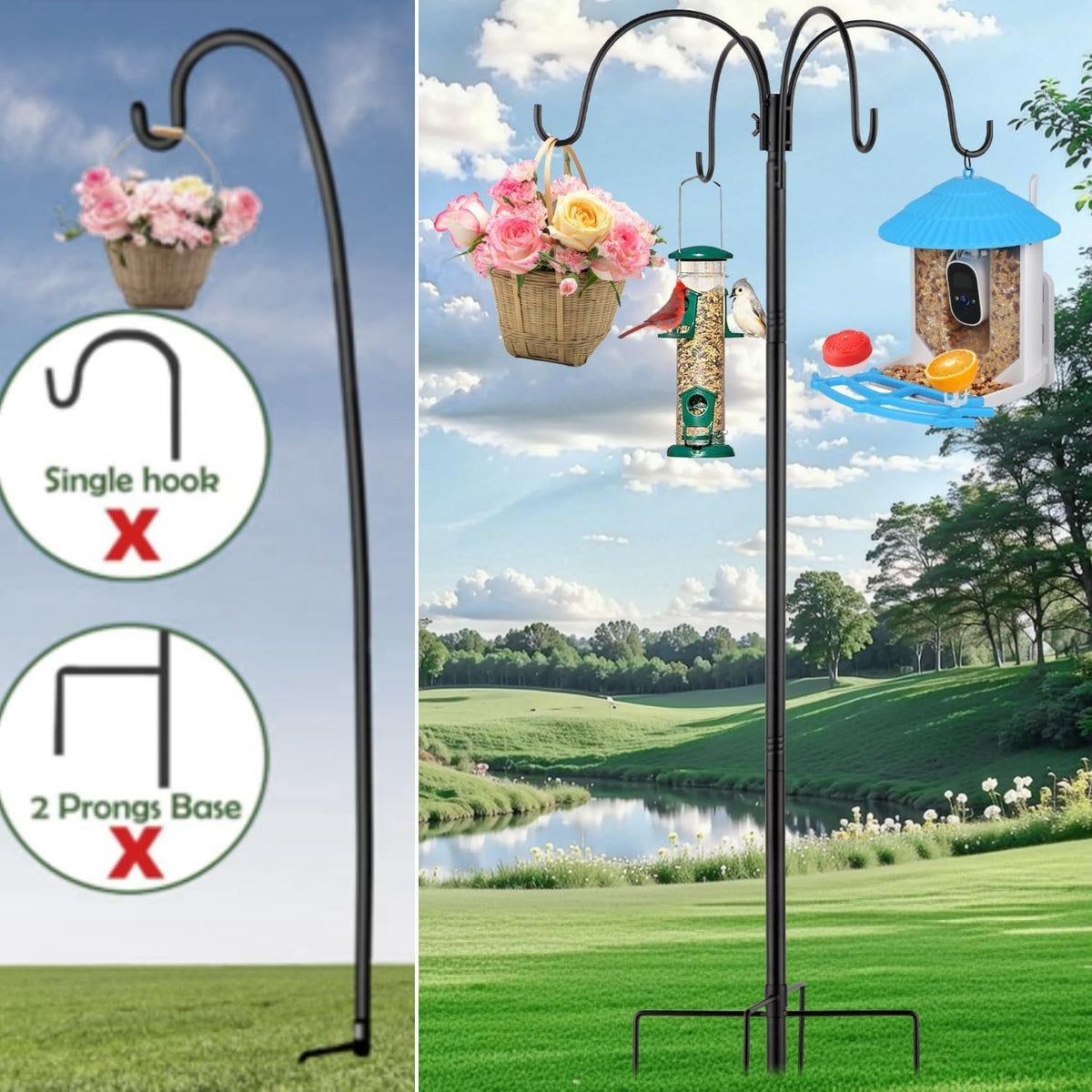 Garden shepherds hook: four-hook hanger holding pots and bird feeder.