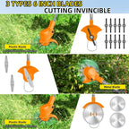 Orange cordless brush cutter: three cutting attachment types.