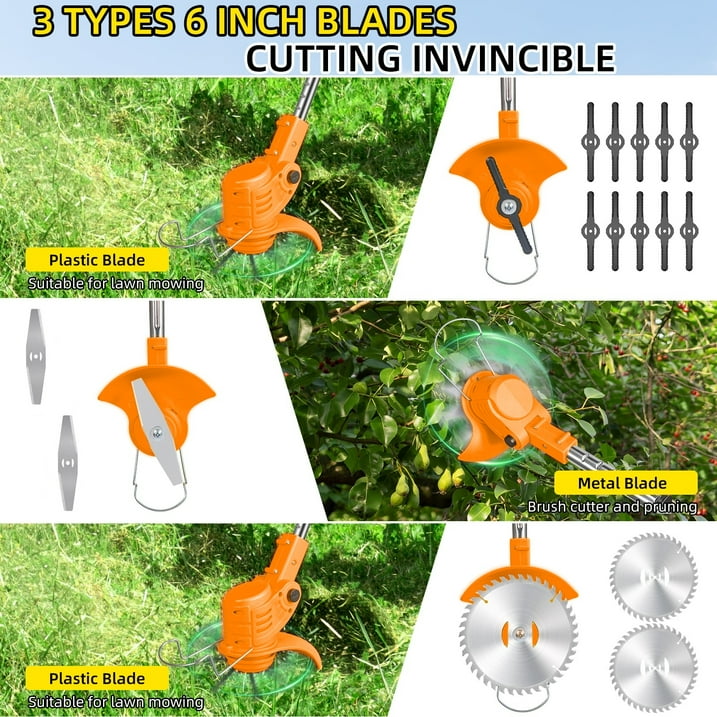 Orange cordless brush cutter: three cutting attachment types.