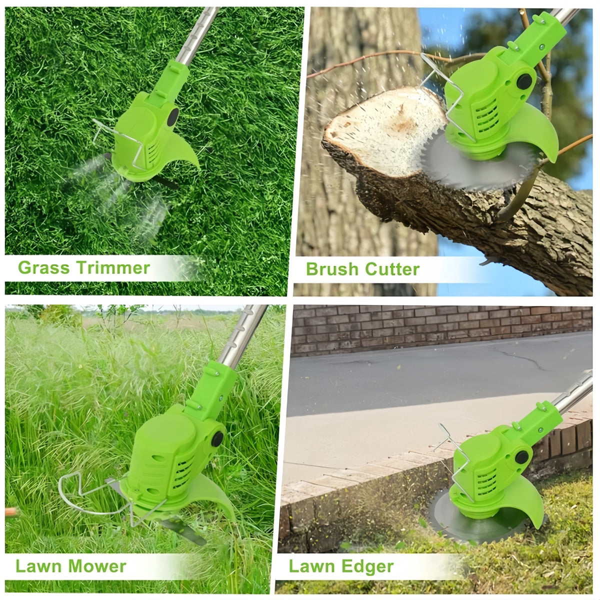 Green cordless trimmer: trimming and edging application examples.