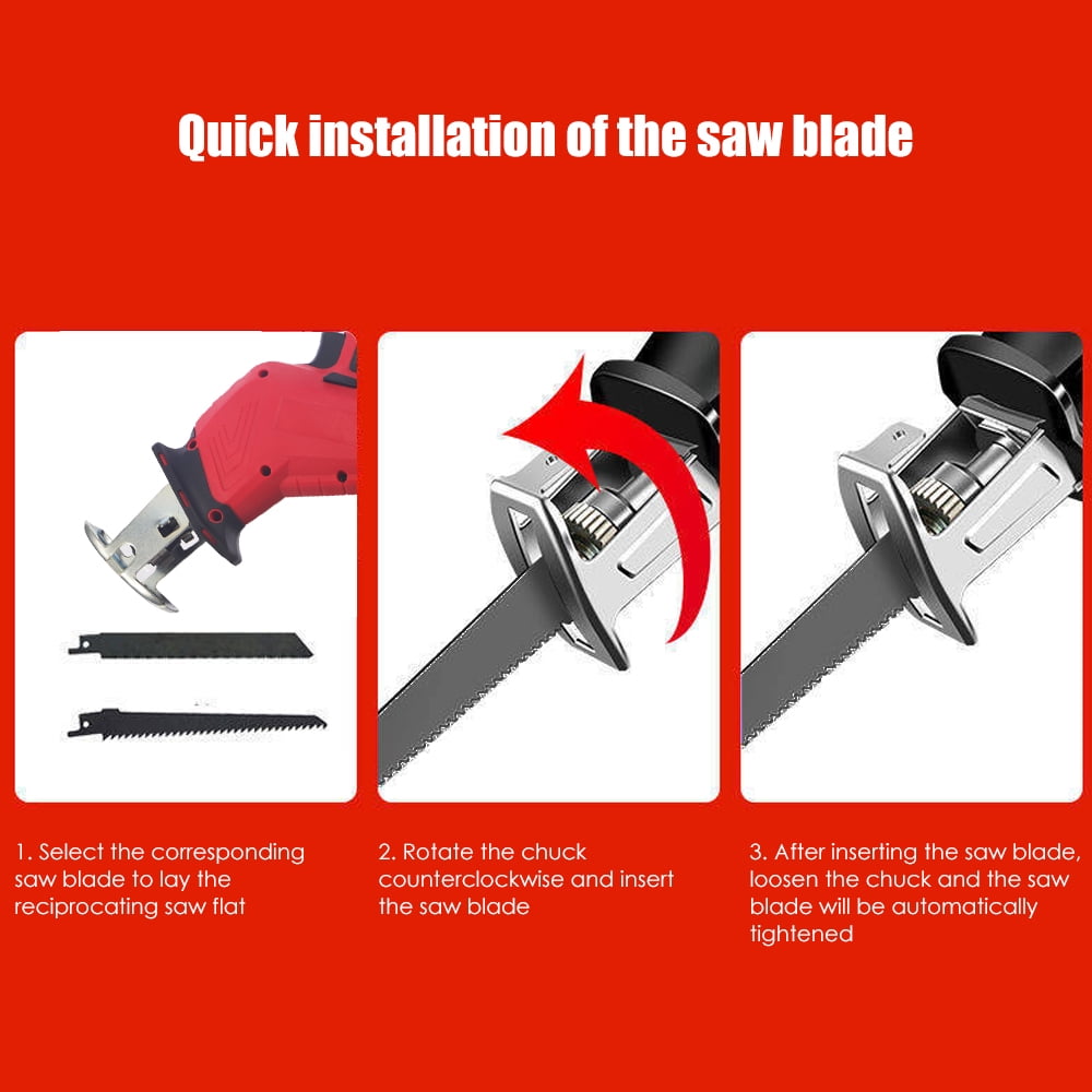 Cordless reciprocating saw: blade installation steps.