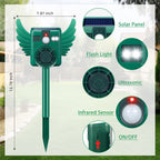 Motion sensor animal repeller: solar panel light and sensor close-ups.