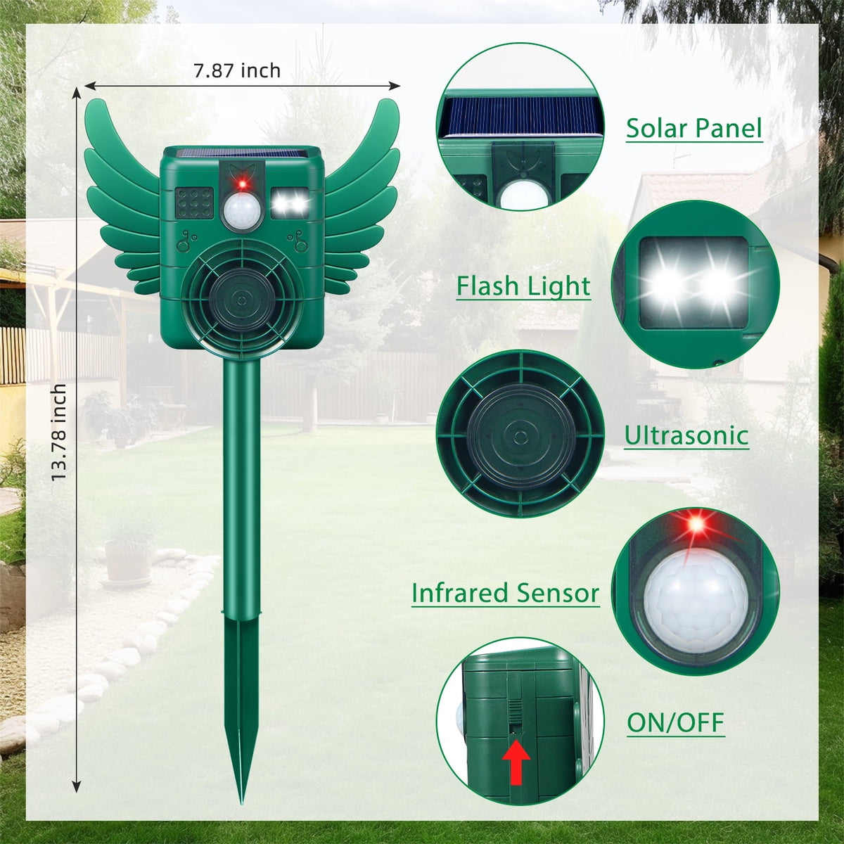 Motion sensor animal repeller: solar panel light and sensor close-ups.