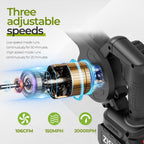 Cordless leaf blower vacuum: three speed settings illustration.