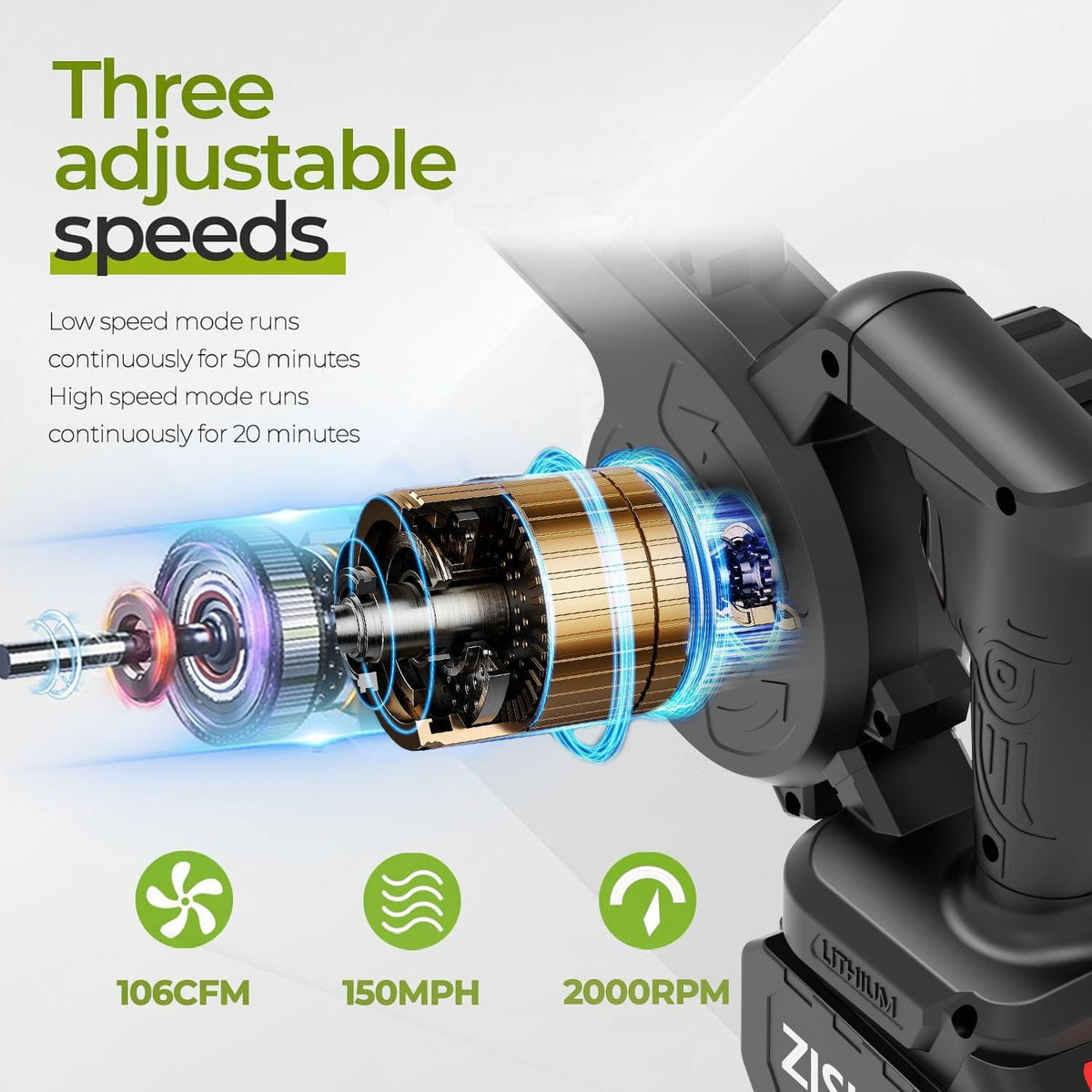 Cordless leaf blower vacuum: three speed settings illustration.