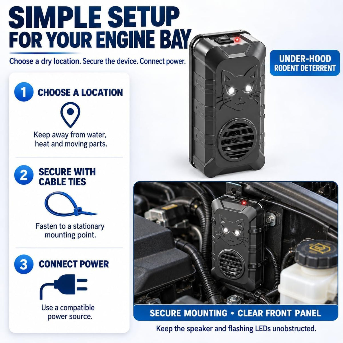 Under hood rodent repeller: engine-bay mounting steps.