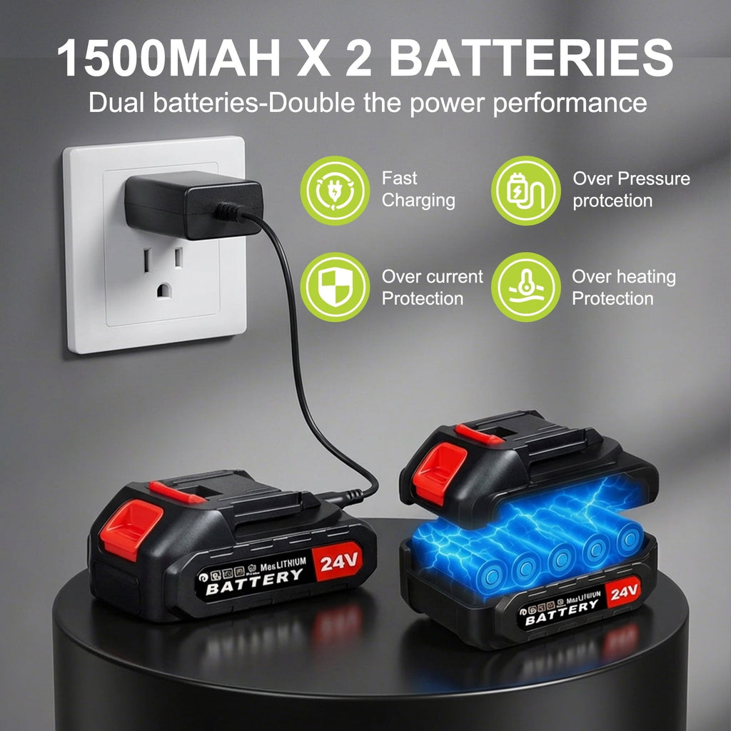 Cordless leaf blower kit: battery pair and charging illustration.