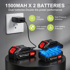Cordless leaf blower kit: battery pair and charging illustration.