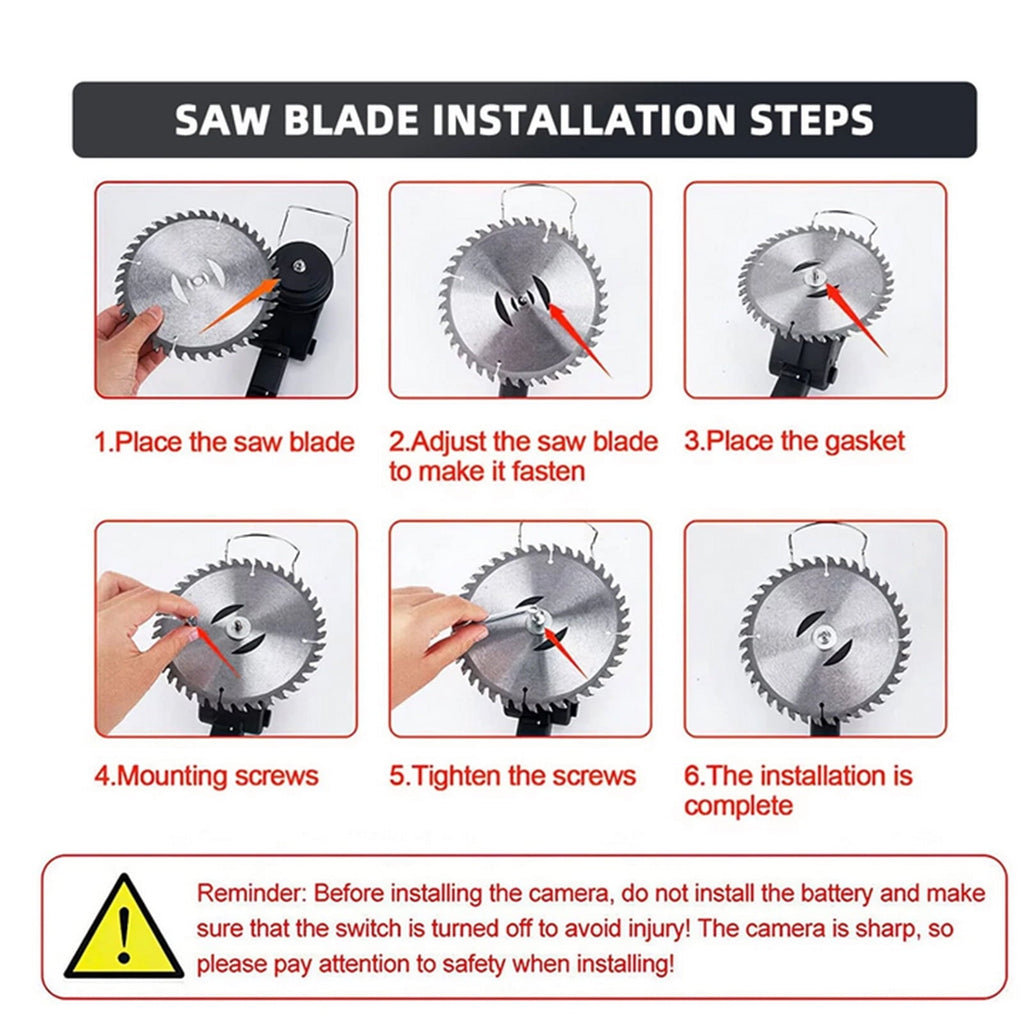 Blue cordless grass trimmer: blade installation steps.