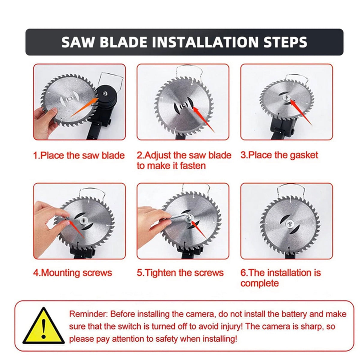Blue cordless grass trimmer: blade installation steps.