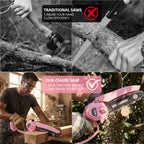 Pink cordless mini chainsaw: manual saw and chainsaw comparison.