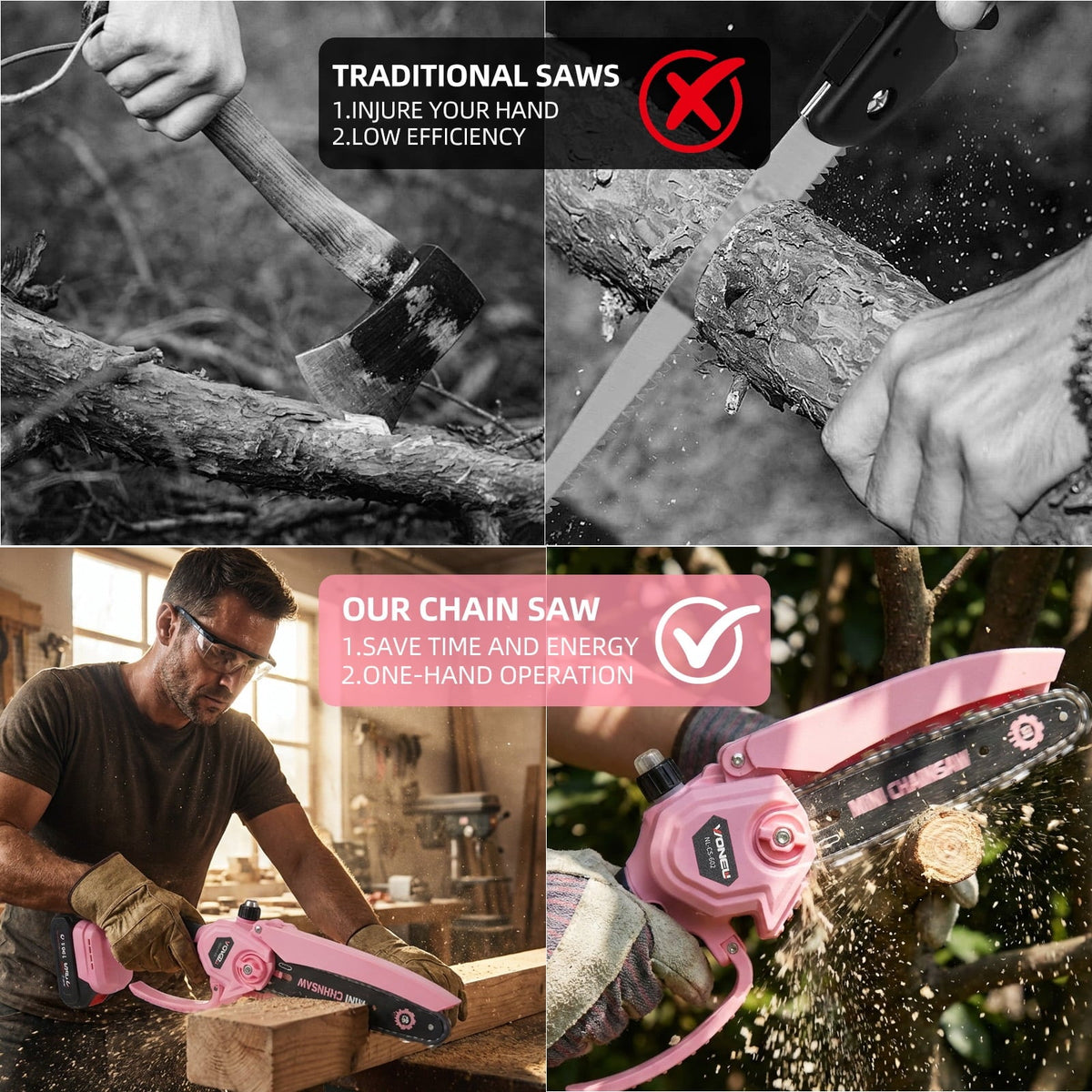 Pink cordless mini chainsaw: manual saw and chainsaw comparison.