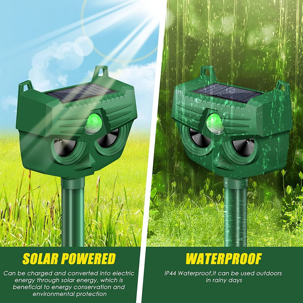 Solar animal repeller for garden: solar charging and rain illustration.
