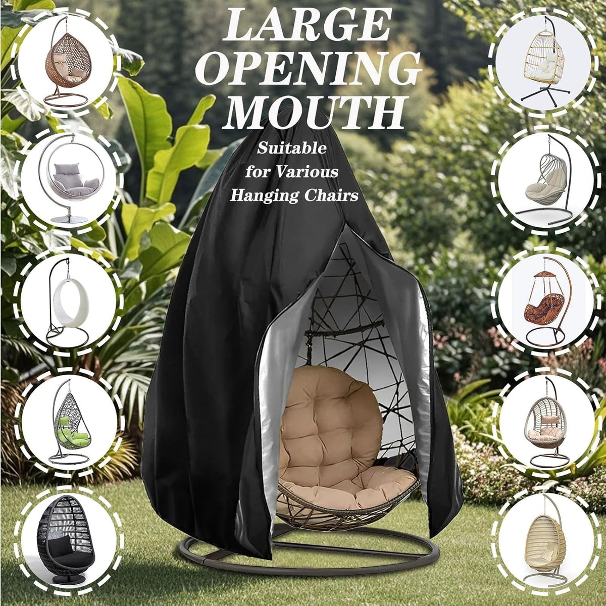 Hanging egg chair cover: covered chair outdoors.