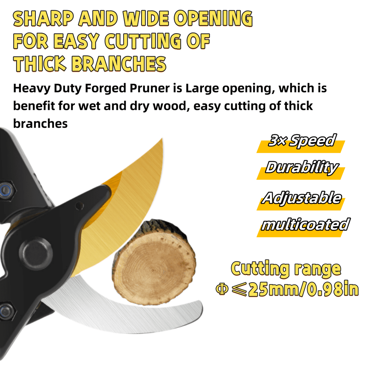 Garden pruning shears: wide-opening blade close-up.