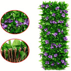 Expandable ivy privacy trellis: purple-flowered trellis and frame detail.