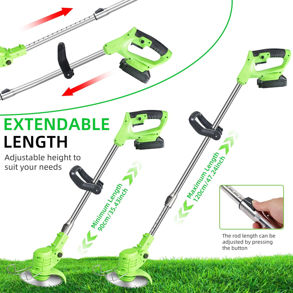 Cordless trimmer and edger: telescopic shaft positions.