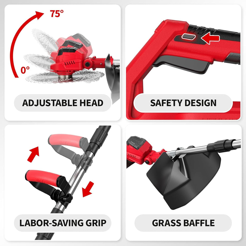 9 inch cordless string trimmer: head adjustment safety switch grip and guard.