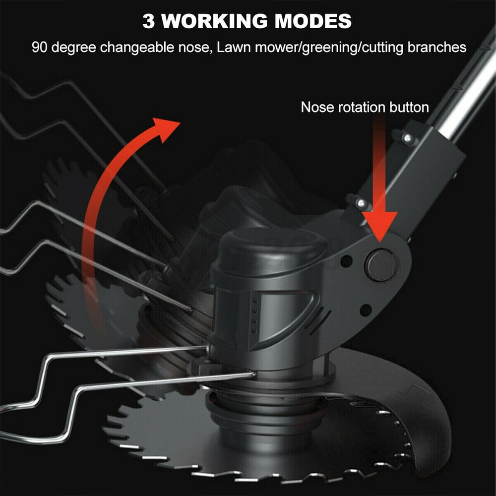 Black cordless grass trimmer: three cutting-head angles.